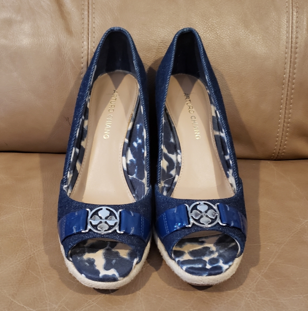 EUC Arturo Chiang Navy Peep Toe Wedges Size 8
